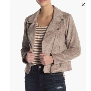 BLANK NYC Faux Suede Moto Jacket Size Large Tan Asymmetrical Zip Up Lined Grunge